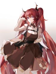 Rule 34 | 1girl, alternate hairstyle, arknights, arm up, bag, belt, black dress, breasts, closed mouth, detached collar, dress, feet out of frame, highres, horns, long hair, looking at viewer, medium breasts, nininisama, purple eyes, red hair, simple background, sleeveless, sleeveless dress, solo, standing, surtr (arknights), twintails, very long hair, white background