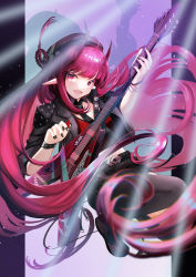 Rule 34 | 1girl, :d, arknights, belt, black headwear, black jacket, black nails, black necktie, black skirt, black thighhighs, demon horns, electric guitar, fang, flower, guitar, hemorina, highres, holding, horns, instrument, jacket, leg up, long hair, long sleeves, looking at viewer, miniskirt, nail polish, necktie, official alternate costume, open clothes, open jacket, open mouth, pink eyes, pink flower, plectrum, pointy ears, red shirt, shirt, shoulder spikes, sidelocks, single thighhigh, skin fang, skirt, smile, solo, spikes, thighhighs, very long hair, vigna (arknights), vigna (black wave) (arknights), wristband