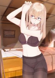 Rule 34 | 10s, 1girl, adjusting hair, arms up, bare arms, bare shoulders, bed, bed sheet, bedroom, bespectacled, black bra, black panties, black pantyhose, blonde hair, bow, bow bra, bow panties, bra, breasts, ceiling, cleavage, closed mouth, collarbone, comforter, cowboy shot, desk lamp, dressing, expressionless, eyes visible through hair, framed image, from outside, glasses, glint, graf zeppelin (kancolle), hair between eyes, hair tie, industrial pipe, inkwell, invisible, invisible window, jewelry, kantai collection, lace, lace-trimmed bra, lace trim, lamp, large breasts, long hair, looking to the side, mouth hold, navel, nib pen (object), osterei, panties, panties under pantyhose, pantyhose, pen, picture frame, pillow, pink bow, purple eyes, red-framed eyewear, ring, seamed legwear, semi-rimless eyewear, side ponytail, sidelocks, solo, standing, thighband pantyhose, tile ceiling, tiles, toned, under-rim eyewear, underwear, underwear only, wedding band, window, window shadow