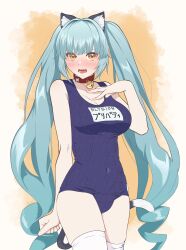 Rule 34 | 1girl, absurdres, animal ears, blue hair, blue one-piece swimsuit, blush, breasts, cat ears, cat tail, collar, drill hair, fake animal ears, fake tail, goddess of victory: nikke, hand on own chest, highres, large breasts, light blue hair, long hair, neck bell, old school swimsuit, one-piece swimsuit, open mouth, privaty (nikke), runao noire, school swimsuit, solo, swimsuit, tail, thighhighs, twin drills, twintails, very long hair, white thighhighs, yellow eyes