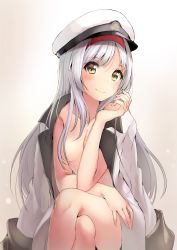 Rule 34 | 10s, 1girl, absurdres, blush, breasts, cleavage, coat, collarbone, cowboy shot, crossed legs, elbow on knee, hair between eyes, hairband, hand on lap, hand to head, hand to own mouth, hand up, hat, headband, highres, jacket, jacket on shoulders, kantai collection, long hair, long sleeves, medium breasts, military, military hat, military jacket, military uniform, naked coat, naval uniform, no bra, open clothes, open jacket, peaked cap, red headband, shoukaku (kancolle), shuttle (ksb0123), sitting, smile, solo, uniform, white hair, white jacket, yellow eyes