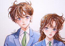 Rule 34 | 1boy, 1girl, artist name, bad source, blue eyes, blue jacket, brown hair, closed mouth, collared shirt, commentary, commentary request, english commentary, eyelashes, green necktie, hair between eyes, jacket, karin park, korean commentary, kudou shin&#039;ichi, long hair, looking to the side, meitantei conan, mixed-language commentary, mouri ran, necktie, painting (medium), parted lips, school uniform, shirt, short hair, simple background, traditional media, watercolor (medium), white shirt