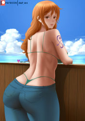 Rule 34 | 1girl, abp art, ass, back, bikini, bikini under clothes, blush, denim, earrings, from behind, green bikini, highres, huge ass, jeans, jewelry, lips, long hair, looking at viewer, looking back, nami (one piece), one piece, orange eyes, orange hair, pants, sky, smile, solo, swimsuit, tattoo, water, whale tail (clothing)