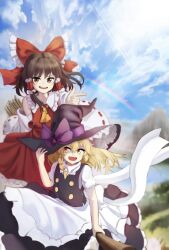 Rule 34 | 2girls, apron, ascot, black vest, blonde hair, bow, braid, broom, broom riding, brown eyes, brown hair, cloud, cloudy sky, commentary, day, detached sleeves, frilled bow, frilled hair tubes, frills, hair bow, hair tubes, hakurei reimu, hand on headwear, hat, hat bow, highres, kirisame marisa, long hair, multiple girls, multiple riders, open mouth, outdoors, pointing, purple bow, rainbow, red bow, red skirt, ribbon-trimmed sleeves, ribbon trim, short sleeves, side braid, single braid, skirt, skirt set, sky, smile, touho 0505, touhou, vest, waist apron, white apron, white bow, witch hat, yellow ascot, yellow eyes