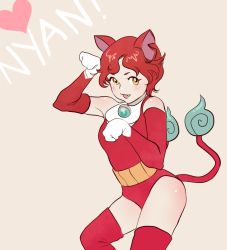 Rule 34 | 1girl, animal ears, cat ears, cat tail, collar, cosplay, elbow gloves, fang, flame-tipped tail, gloves, haramaki, heart, jasmin darnell, jibanyan, jibanyan (cosplay), looking at viewer, multiple tails, nekomata, notched ear, open mouth, paw pose, red hair, red thighhighs, romaji text, short hair, simple background, solo, tail, thighhighs, two tails, youkai watch