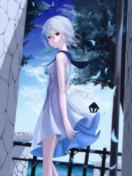 1girl absurdres breasts day dress floating_clothes highres looking_at_viewer looking_back mikisai open_mouth original outdoors red_eyes sailor_collar short_hair sidelocks small_breasts solo water white_dress white_hair