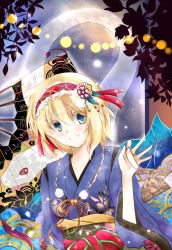 Rule 34 | 1girl, :d, alice margatroid, animal, blonde hair, blue eyes, ema, faech, hand fan, folding fan, hair ornament, hairband, hairpin, head tilt, japanese clothes, kimono, lights, long sleeves, looking at viewer, looking to the side, obi, open mouth, parted lips, red eyes, sash, scales, silhouette, smile, snake, solo, space, spirit, tassel, teeth, touhou, tree, upper body, wide sleeves