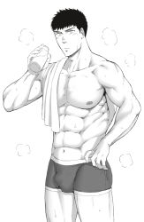 Rule 34 | 1boy, abs, bara, blush, bottle, boxers, breath, bulge, feet out of frame, greyscale, large pectorals, male focus, male underwear, milk bottle, monochrome, muscular, muscular male, navel, nipples, original, pectorals, short hair, sideburns, solo, standing, stomach, thighs, topless male, towel on one shoulder, underwear, underwear only, unplugged line, white background