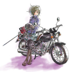 Rule 34 | 1girl, adapted costume, belt, boots, chainsaw, closed eyes, full body, gagame, gloves, goggles, helmet, holding, motor vehicle, motorcycle, pantyhose, simple background, skirt, solo, urotsuki, vehicle, yume 2kki