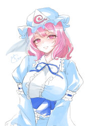 Rule 34 | 0002koko, 1girl, absurdres, blue hat, breasts, frilled sleeves, frills, hat, highres, large breasts, looking at viewer, pink eyes, pink hair, saigyouji yuyuko, simple background, smile, solo, touhou, triangular headpiece, upper body, white background