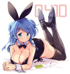 Rule 34 | 1girl, ace (playing card), ace of hearts, alternate costume, animal ears, black leotard, blue eyes, blue hair, bow, bowtie, breasts, card, cleavage, commentary request, dated, detached collar, double bun, fake animal ears, fishnet thighhighs, fishnets, hair between eyes, hair bun, hair ornament, heart, high heels, kantai collection, large breasts, leotard, looking at viewer, lying, odawara hakone, on stomach, playboy bunny, playing card, rabbit ears, rabbit hair ornament, rabbit tail, sidelocks, simple background, solo, swept bangs, tail, thighhighs, urakaze (kancolle), white background, wrist cuffs