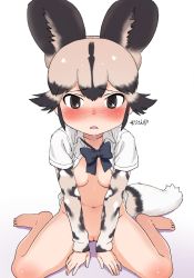 Rule 34 | 1girl, african wild dog (kemono friends), african wild dog print, animal ear fluff, animal ears, barefoot, between legs, blue bow, blush, bottomless, bow, bowtie, breasts, brown eyes, cleft of venus, dog ears, dog girl, dog tail, extra ears, full body, hair between eyes, hand between legs, highres, kemono friends, long sleeves, looking at viewer, masuyama ryou, multicolored hair, navel, nipples, open clothes, open shirt, pussy, short hair, sidelocks, sitting, small breasts, solo, sweat, tail, uncensored, v arms, wariza