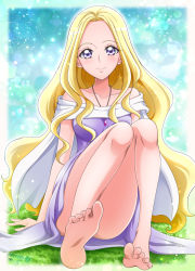 Rule 34 | 1girl, barefoot, blonde hair, closed mouth, collarbone, dress, fuurin asumi, hair intakes, hanzou, healin&#039; good precure, highres, jewelry, long hair, looking at viewer, necklace, off-shoulder dress, off shoulder, precure, purple dress, purple eyes, sitting, smile, soles, solo, very long hair