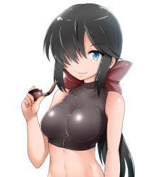 Rule 34 | 1girl, black eyes, black hair, black shirt, bow, breasts, closed mouth, commentary request, crop top, dark-skinned female, dark skin, girls und panzer, hair bow, hair over one eye, halterneck, highres, holding, kitayama miuki, long hair, looking at viewer, medium breasts, ogin (girls und panzer), ponytail, red bow, shirt, simple background, sleeveless, sleeveless shirt, smile, smoking pipe, solo, standing, upper body, white background