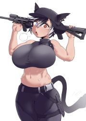 Rule 34 | animal ears, baseball cap, belt, blue eyes, breasts, buckle, cat ears, cat girl, cat tail, ears through headwear, gs16 (chug), gun, hat, heterochromia, highres, holster, horns, huge breasts, jourjii, knife, knife sheath, looking at viewer, midriff, multicolored hair, open mouth, original, pants, red eyes, rifle, short hair, skindentation, slit pupils, strap, sweat, tail, thick thighs, thighs, tight clothes, two-tone hair, weapon, white background, wide hips