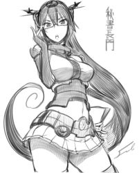 Rule 34 | 10s, 1girl, adjusting eyewear, artist name, bare shoulders, bespectacled, black hair, breasts, elbow gloves, fingerless gloves, fue (rhomphair), glasses, gloves, greyscale, hair between eyes, hairband, headgear, holding, kantai collection, long hair, looking at viewer, monochrome, nagato (kancolle), navel, open mouth, paper, semi-rimless eyewear, signature, skirt, solo, thighhighs, translation request, under-rim eyewear, very long hair, zettai ryouiki