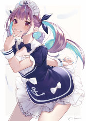 Rule 34 | 1girl, ahoge, anchor symbol, blue bow, blue dress, blue hair, blue nails, blush, bow, braid, cleavage cutout, clothing cutout, colored inner hair, commentary, cowboy shot, dress, dress bow, feathers, frills, hololive, long hair, looking at viewer, maid, maid headdress, minato aqua, minato aqua (1st costume), multicolored hair, nail polish, puffy short sleeves, puffy sleeves, purple eyes, purple hair, short sleeves, signature, skirt, smile, solo, standing, takubon, twintails, two-tone hair, v, v over mouth, virtual youtuber, white background, white bow, white skirt, wrist cuffs