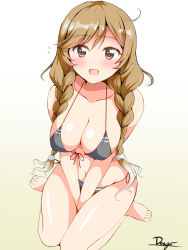 Rule 34 | 1girl, artist name, barefoot, between legs, bikini, blush, braid, breasts, brown eyes, brown hair, cleavage, collarbone, commentary request, deego (omochi bazooka), front-tie bikini top, front-tie top, hair between eyes, hair ornament, hands on own hips, highres, kantai collection, large breasts, long braid, long hair, looking at viewer, minegumo (kancolle), navel, open mouth, seiza, side-tie bikini bottom, simple background, sitting, solo, swimsuit, twin braids
