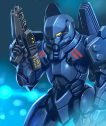 Rule 34 | armor, assault rifle, beam rifle, commentary request, energy gun, finger on trigger, glowing, glowing eye, gun, highres, insignia, jetpack, lens flare, looking at viewer, machinery, mecha, mercy rabbit, namco, police, power armor, rifle, robot, science fiction, sketch, steel gunner, thrusters, upper body, weapon