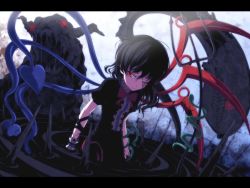 Rule 34 | 1girl, asymmetrical wings, black hair, darkness, dress, houjuu nue, isa, letterboxed, md5 mismatch, monster, one eye closed, polearm, red eyes, resized, short hair, snake, solo, tar, touhou, trident, weapon, wings