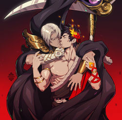 Rule 34 | 2boys, ancient greek clothes, artist name, bare pectorals, black hair, closed eyes, collarbone, commentary, dark-skinned male, dark skin, english commentary, fingerless gloves, flower, gloves, gradient background, greco-roman clothes, hades (series), hades 1, hug, hug from behind, imminent kiss, large pectorals, laurel crown, male focus, multiple boys, muscular, pectorals, red background, scythe, short hair, skull, spiked hair, thanatos (hades), weapon, white hair, xelgot, yaoi, zagreus (hades)