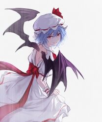 Rule 34 | 1girl, absurdres, back bow, back cutout, bat wings, blue hair, bow, clothing cutout, commentary, english commentary, grin, hat, hat ribbon, highres, hs (user hvww8443), looking at viewer, mixed-language commentary, mob cap, red bow, red eyes, remilia scarlet, ribbon, short sleeves, skirt hold, smile, solo, touhou, white hat, wings, wrist cuffs