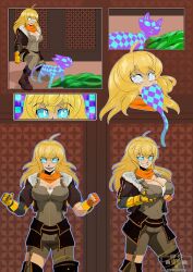 Rule 34 | 1girl, ahoge, ass, belt, blonde hair, blue eyes, blush, boots, breast hold, breasts, cat, cleavage, close-up, cm artist, corruption, curious cat (rwby), dark persona, english text, evil smile, fingerless gloves, gloves, glowing, glowing eyes, grey eyes, holding, large breasts, long hair, looking at another, on floor, possessed, possession, rwby, signature, sitting, slit pupils, smile, tail, vore, watermark, yang xiao long