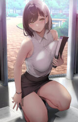 Rule 34 | 1girl, absurdres, bare arms, bare shoulders, black panties, black skirt, breasts, brown hair, closed mouth, collared shirt, gentsuki, highres, holding, kneeling, large breasts, looking at viewer, original, panties, shirt, shirt tucked in, skirt, sleeveless, sleeveless shirt, smile, solo, thighs, underwear, white shirt, yellow eyes