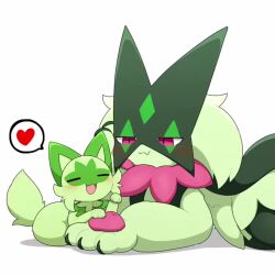 Rule 34 | :3, :d, animated, arm support, blush, cat, closed eyes, closed mouth, commentary request, creatures (company), furry, game freak, grey background, half-closed eyes, heart, lying, meowscarada, nintendo, on stomach, open mouth, pawpads, pokemon, pokemon (creature), purple eyes, shadow, simple background, smile, spoken heart, sprigatito, tagme, taro (tontaro), video