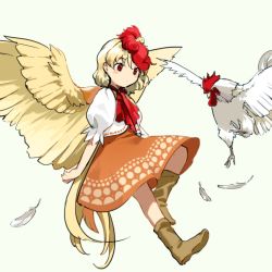 Rule 34 | 1girl, ascot, bird, blonde hair, boots, chick, chicken, dress, expressionless, feathered wings, feathers, full body, kaigen 1025, medium hair, niwatari kutaka, puffy short sleeves, puffy sleeves, red eyes, short sleeves, simple background, solo, touhou, vest, wings
