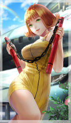 Rule 34 | 1girl, antenna hair, balamb garden, bare shoulders, blue sky, blurry, blurry background, breasts, brown hair, closed mouth, cloud, day, dress, final fantasy, final fantasy viii, flipped hair, glint, green eyes, hiromyan, holding, holding nunchaku, holding weapon, lips, looking at viewer, medium breasts, nunchaku, outdoors, plant, rainbow, ribbed dress, selphie tilmitt, short dress, short hair, signature, sky, smile, solo, sparkle, weapon, yellow dress, zipper