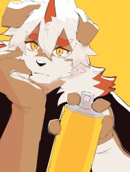 Rule 34 | 1boy, absurdres, aoi (v apii), arknights, bara, black shirt, can, furry, furry male, hand on own chin, highres, holding, holding can, horns, hung (arknights), long hair, looking at viewer, mythological creature, shirt, single horn, spray can, yellow background, yellow eyes