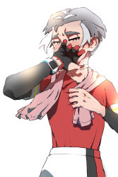 Rule 34 | 1boy, black eyes, blush, bright pupils, collared shirt, commentary request, covering own mouth, creatures (company), dynamax band, furrowed brow, game freak, gloves, grey hair, half-closed eyes, highres, holding, holding towel, kabu (pokemon), male focus, nintendo, nyoripoke, partially fingerless gloves, pokemon, pokemon swsh, red shirt, shirt, short hair, shorts, simple background, single glove, solo, tearing up, towel, towel around neck, undershirt, white background, white pupils, white shorts