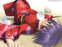 Rule 34 | 1girl, blue hair, blush, brown eyes, drunk, japanese clothes, kimono, lying, mouth hold, ninozen, non-web source, on back, on floor, original, pitcher (container), saucer, short hair, solo, tabi, upside-down
