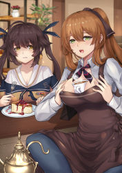 Rule 34 | ahoge, apron, bad id, bad pixiv id, beluga dolphin, between breasts, blue pants, blurry, blurry background, blush, breasts, breasts squeezed together, brown hair, brown shirt, cake, collared shirt, disgust, drooling, food, girls&#039; frontline, green eyes, hair between eyes, hair ribbon, hair rings, highres, indoors, jacket, large breasts, long hair, long sleeves, looking at viewer, m14 (girls&#039; frontline), medium breasts, open clothes, open mouth, open shirt, pants, plant, potted plant, ribbon, shaded face, shirt, sidelocks, springfield (girls&#039; frontline), twintails, white shirt, yellow eyes