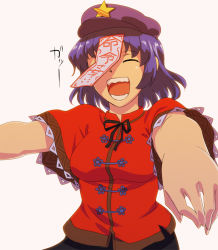 Rule 34 | 1girl, blue hair, chinese clothes, closed eyes, female focus, hat, miyako yoshika, ofuda, open mouth, outstretched arms, shinburu, short hair, short sleeves, solo, star (symbol), touhou, white background, wide sleeves, zombie pose