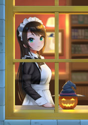 Rule 34 | 1girl, alternate costume, apron, black dress, black hair, black hat, blue eyes, blurry, blurry background, blush, bookshelf, breasts, closed mouth, commentary request, drawing (object), dress, enmaided, from side, hat, highres, hololive, indoors, jack-o&#039;-lantern, long hair, long sleeves, looking at viewer, maid, maid apron, maid headdress, ootsuka you, oozora subaru, smile, solo, very long hair, virtual youtuber, white apron, window, witch hat