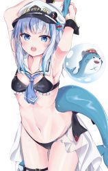 Rule 34 | 1girl, absurdres, alternate costume, armpits, arms up, bikini, black bikini, bloop (gawr gura), blue eyes, blue hair, blue neckwear, breasts, bridal garter, commentary request, fins, fish tail, gawr gura, gray ceon, hat, highres, holding, holding polearm, holding weapon, hololive, hololive english, looking at viewer, medium breasts, multicolored hair, navel, open mouth, peaked cap, polearm, sailor collar, shark tail, sharp teeth, short hair, simple background, stomach, swimsuit, tail, teeth, thighs, two-tone hair, upper teeth only, virtual youtuber, weapon, white background, white hair, white headwear, white sailor collar