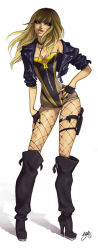 Rule 34 | 1girl, alternate costume, babs tarr, bare shoulders, black canary, blonde hair, blue eyes, boots, breasts, cleavage, cropped jacket, dagger, dc comics, fingerless gloves, fishnet pantyhose, fishnets, full body, gloves, half-closed eyes, hand on own hip, hand on thigh, high heel boots, high heels, holster, jacket, jewelry, knife, leaning, leather, leather jacket, leotard, lips, long hair, mole, narrow waist, necklace, off shoulder, open clothes, open jacket, pantyhose, parted lips, shadow, sheath, sheathed, signature, simple background, sleeves pushed up, small breasts, solo, standing, strapless, superhero costume, thigh boots, thigh holster, thigh strap, thighhighs, weapon, white background, wide hips, zipper