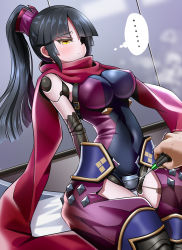 Rule 34 | ..., 1girl, absurdres, armor, black hair, blunt bangs, blush, breasts, closed mouth, covered navel, eyepatch, fate/grand order, fate (series), glint, highres, indoors, japanese armor, japanese clothes, joints, katou danzou (fate), large breasts, long hair, navel, out of frame, parted bangs, ponytail, pov, purple scarf, robot joints, scarf, screwdriver, sekai saisoku no panda, sidelocks, sitting, solo focus, steam, straight hair, thought bubble, trembling, yellow eyes