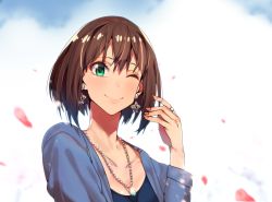 Rule 34 | 10s, 1girl, alternate hair length, alternate hairstyle, blue jacket, blue shirt, blurry, blush, breasts, brown hair, cherry blossoms, cleavage, closed mouth, cloud, cloudy sky, collarbone, commentary request, depth of field, ear piercing, earrings, erere, green eyes, idolmaster, idolmaster cinderella girls, jacket, jewelry, looking at viewer, nail polish, necklace, aged up, one eye closed, outdoors, pearl necklace, pendant, petals, piercing, ring, shibuya rin, shirt, short hair, sky, small breasts, smile, solo, star (symbol), star earrings, straight hair, tree, upper body