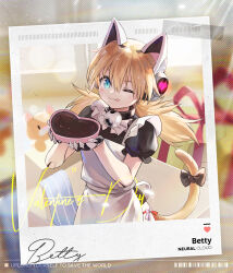 Rule 34 | 1girl, :3, animal ears, apron, artist request, betty (neural cloud), black shirt, blonde hair, blue eyes, bow, candy, cat ears, cat tail, character name, chocolate, chocolate heart, copyright name, fake animal ears, fang, food, frilled apron, frills, girls&#039; frontline, girls&#039; frontline neural cloud, hair between eyes, heart, highres, holding, idw (girls&#039; frontline), long hair, looking at viewer, mechanical hands, official art, one eye closed, polaroid, puffy sleeves, shirt, short sleeves, smile, solo, tail, tail bow, tail ornament, tongue, twintails, upper body, valentine, white apron