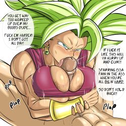 Rule 34 | 1boy, 1girl, absurdres, angry, areola slip, big hair, blue eyes, blush, breasts squeezed together, breasts, cleavage, clothed female nude male, dragon ball, dragon ball super, earrings, english text, fellatio, green hair, highres, jewelry, kale (dragon ball), kefla (dragon ball), large breasts, licking, licking penis, looking at another, lying, nipple slip, nipples, nude, oral, paizuri, penis, potara earrings, pseudocel, simple background, speech bubble, speed lines, spiked hair, tank top, tongue, tongue out, white background