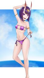 Rule 34 | 1girl, absurdres, arm up, armlet, armpits, bare shoulders, beads, bikini, bikini pull, blue sky, blush, bob cut, border, breasts, choker, clothes pull, collarbone, commission, cosplay, day, dootmoon, eyeliner, eyepatch bikini, fangs, fate/grand order, fate (series), headpiece, highres, horns, legs, looking at viewer, makeup, minamoto no raikou (fate), minamoto no raikou (fate/grand order), minamoto no raikou (swimsuit lancer) (fate), minamoto no raikou (swimsuit lancer) (fate) (cosplay), navel, oni, open mouth, purple bikini, purple eyes, purple hair, short eyebrows, short hair, shuten douji (fate), side-tie bikini bottom, skin-covered horns, sky, small breasts, smile, solo, swimsuit, white border