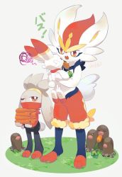 Rule 34 | :o, bright pupils, carrot, cinderace, commentary request, creatures (company), diglett, dugtrio, furry, game freak, gen 1 pokemon, gen 8 pokemon, grass, holding, holding carrot, holding pokemon, izobe, nintendo, open mouth, orange eyes, pokemon, pokemon (creature), raboot, scorbunny, signature, squiggle, standing, toes, tongue, tooth, white pupils