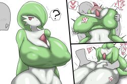 Rule 34 | !?, 1boy, 1girl, ?, ahegao, ass grab, bald, blush, breasts, colored skin, creatures (company), enigi09, expressionless, game freak, gardevoir, gen 3 pokemon, grabbing, grabbing another&#039;s ass, grabbing another&#039;s breast, grabbing from behind, grey skin, hair over one eye, heart, highres, huge breasts, lying, monster girl, nintendo, open mouth, pokemon, red eyes, simple background, speech bubble, tongue, tongue out, white background