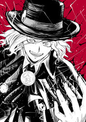 Rule 34 | 1boy, :d, absurdres, ascot, cape, collared cape, collared shirt, cross-shaped pupils, edmond dantes (fate), energy, fate/grand order, fate (series), fedora, gloves, greyscale, greyscale with colored background, hand up, hat, highres, looking at viewer, male focus, medium hair, monochrome, open mouth, parted bangs, red background, shirt, smile, solo, symbol-shaped pupils, teeth, upper body, v-shaped eyebrows, wavy hair, yoi (207342)