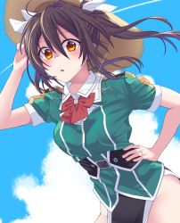 Rule 34 | 1girl, absurdres, bare hips, blue sky, blush, bow, bowtie, brown eyes, brown hair, cloud, commentary request, contrail, day, fang, hair ribbon, hand on own hip, hat, highres, jewelry, kantai collection, looking at viewer, parted lips, pelvic curtain, ribbon, ring, sky, solo, straw hat, tone (kancolle), tone kai ni (kancolle), twintails, upper body, wedding band, yami (m31)