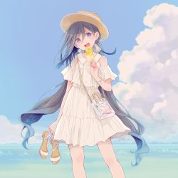 Rule 34 | 1girl, ahoge, bag, blue sky, cloud, colis, commentary request, day, dress, feet out of frame, food, grey eyes, grey hair, hair between eyes, hair bun, hat, horizon, kantai collection, kiyoshimo (kancolle), long hair, looking at viewer, low twintails, ocean, open mouth, outdoors, popsicle, shoes, unworn shoes, single hair bun, sky, solo, standing, sun hat, twintails, white dress