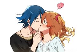Rule 34 | !, 1boy, 1girl, bad id, bad pixiv id, black shirt, blonde hair, blue hair, blush, brown hair, closed eyes, collarbone, couple, dress shirt, french kiss, freyja wion, green eyes, hair ornament, hair scrunchie, hayate immelmann, highres, jewelry, kiss, macross, macross delta, multicolored hair, necklace, one side up, pote-mm, red scrunchie, scrunchie, shirt, short hair, simple background, sketch, two-tone hair, upper body, white background, white shirt